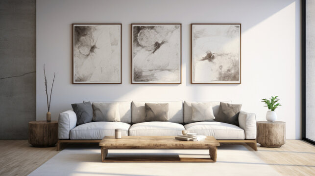 A modern living space rendered with a Scandinavian touch, displaying an unfilled picture frame, a stylish beige couch, and delicate pampas grass as part of the contemporary decor