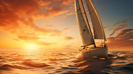 Yacht Sailing at Sunset Travel Banner - obrazy, fototapety, plakaty