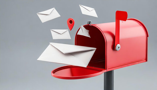 3D Red mailbox with flying envelope, mail delivery, and newsletter concept. 3d render illustration