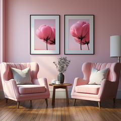 Pink chairs by the wall with two frames for art poster layouts. Interior design of modern living room	