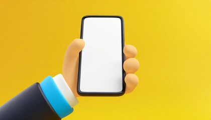 3D Cartoon hand holding smartphone isolated on yellow background, Hand using mobile phone mockup. 3d vector