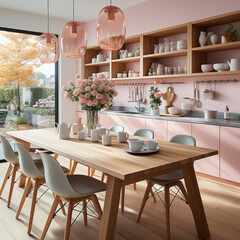 Pink kitchen cabinets and wooden shelf. Scandinavian modern interior design of kitchen with island, dining table and chairs