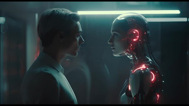 Couple in love: a man and a futuristic android robot. Technological sci-fi background. Relationship between human and artificial intelligence.