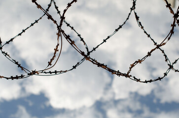 rusty barbed wire fenced against the blue sky and white clouds