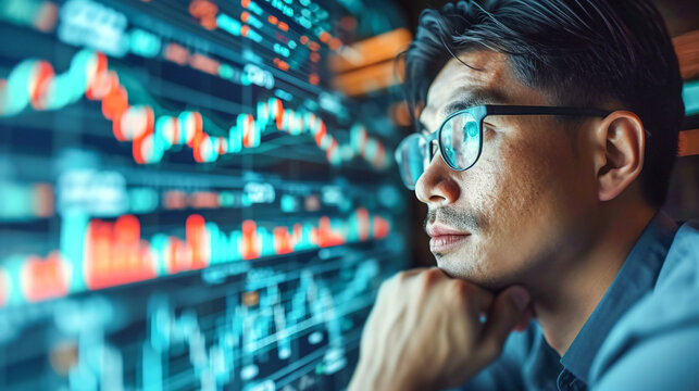 Young Asian man trader sitting in front of computers looking at the screens analyzing charts at night. Finance stock markets cryptocurrency work from homeconcept