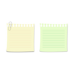 Note papers with paper clip. Notebook pages, stickers