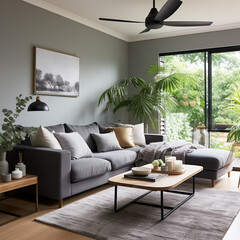 Scandinavian interior design modern living room with fan lamp on the ceiling with gray sofa