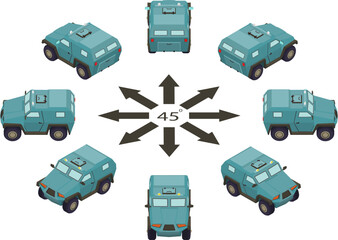 Rotation of the military vehicle by 45 degrees. Armored cars in different angles in isometric view.