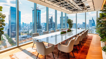 Cityscape Conference Room: An empty boardroom with a stunning city view, creating a professional and inspiring atmosphere for corporate discussions