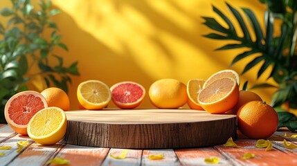 Empty wooden round podium on colorful yellow and orange background surrounded by citrus fruits.