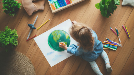 Criança desenhando o planeta terra visto de cima  - obrazy, fototapety, plakaty
