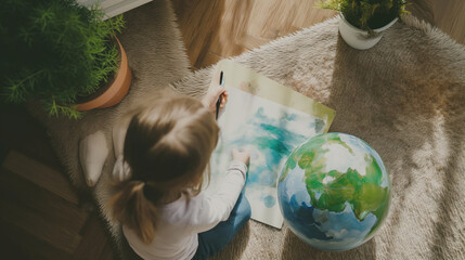 Criança desenhando o planeta terra visto de cima 