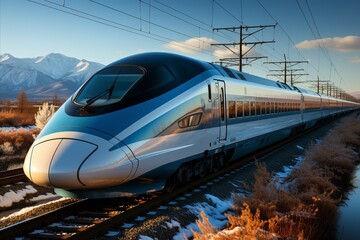 Fototapeta premium high-tech high-speed train on railway tracks against the background of mountains