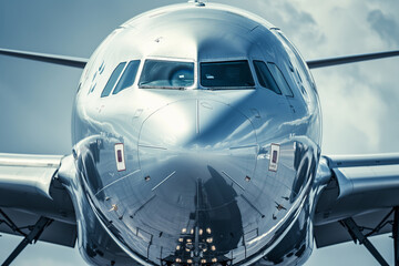 Fototapeta na wymiar Aeronautical Precision: Close-Up of Commercial Jet's Nose