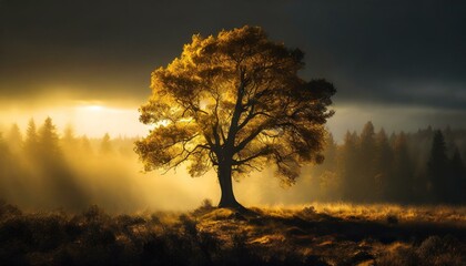 Fototapeta na wymiar Whispers of Autumn: A Solitary Tree Stands Amidst the Mystical Beauty of a Fog-Enveloped Forest, Capturing the Ethereal Charm of Fall in Tranquil Isolation. AI generated