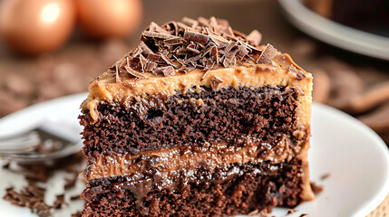 Slice of delicious chocolate cake with soft sponge layers and creamy frosting. Traditional dessert of American cuisine - obrazy, fototapety, plakaty