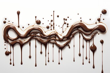 Abstract chocolate drips and splatters on a white surface, forming unique patterns and textures.