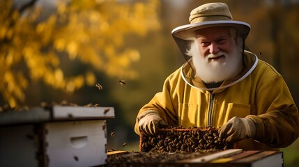 Senior beekeeper inspecting honeycomb frame in autumn light, a portrait of passion and experience