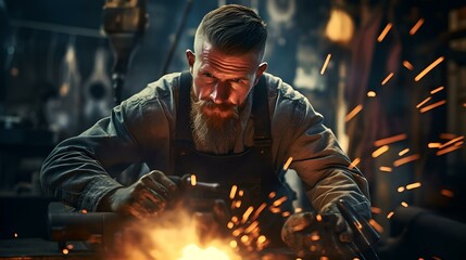 Focused craftsman at work: a bearded blacksmith forging metal amidst spark showers - obrazy, fototapety, plakaty