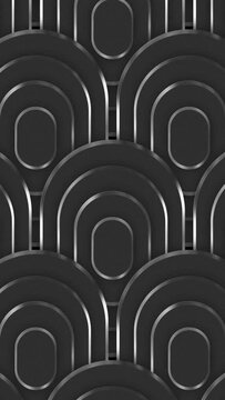 Abstract luxury squoval ring pattern with silver outline backgrounds moving from up to down creating a seamless loop animation over black color background. Elegant circles luxury award background.