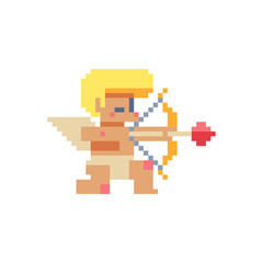 Fototapeta premium Angel with bow and arrow, Valentine's day. Pixel art. Cupid character. Design greeting card. Sticker design. Isolated vector illustration. 