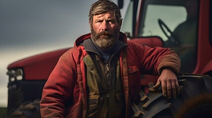 Obraz premium Rugged farmer with a beard pausing for a moment next to his tractor at dusk