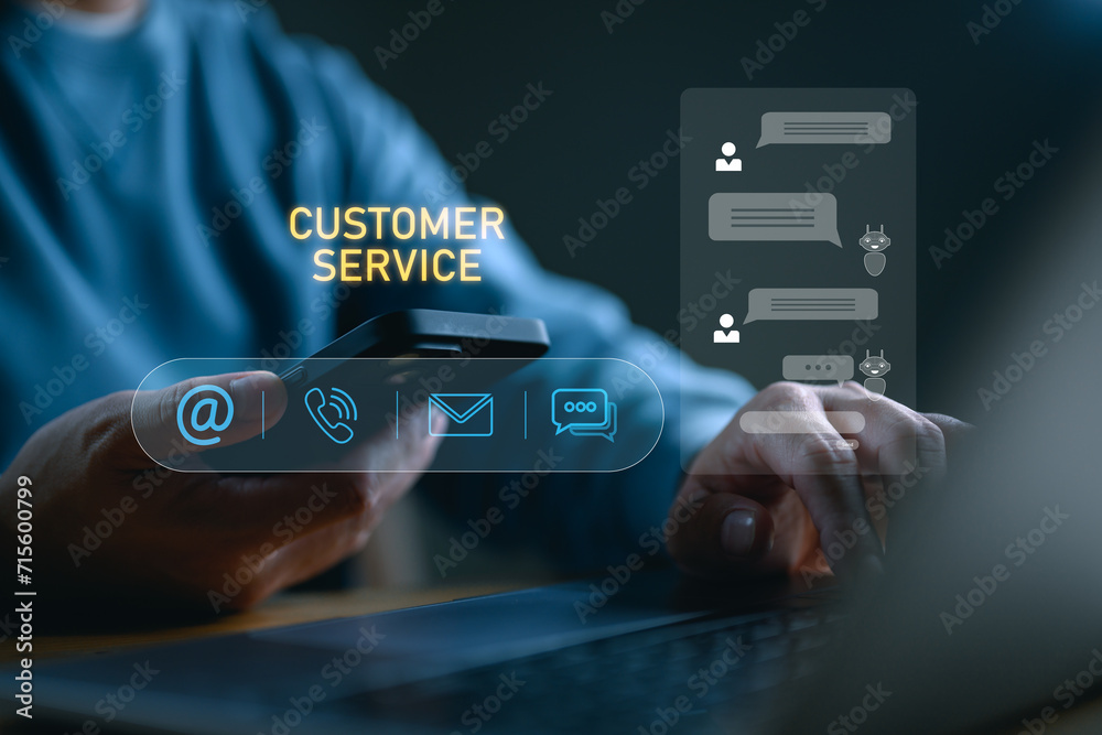 Poster Customer service, CONTACT US with Ai chatbot concept, Chatbot conversation assistant. Artificial intelligence and CRM software technology, customer support call center, customer use online service.