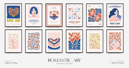 Fototapeta na wymiar Modern Romantic, Valentine's day vertical flyer or poster template. Love hand drawn trendy illustration.