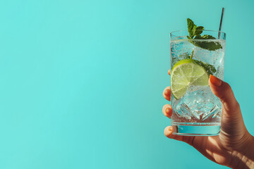 Summer concept - hand holding gin and tonic coctail, solid color background - obrazy, fototapety, plakaty