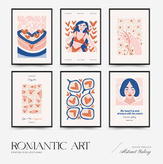 Modern Romantic, Valentine's day vertical flyer or poster template. Love hand drawn trendy illustration.