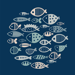 Blue fish. Postcartd. Cute illustration.