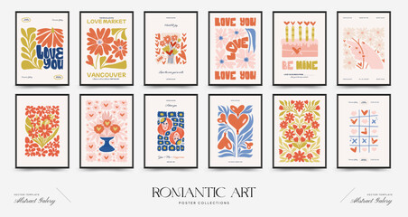 Modern Romantic, Valentine's day vertical flyer or poster template. Love hand drawn trendy illustration. - obrazy, fototapety, plakaty