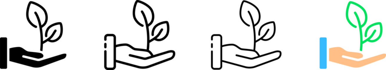 Leaf icons on the palm. Different styles, set of leaves on palm icons. Vector icons