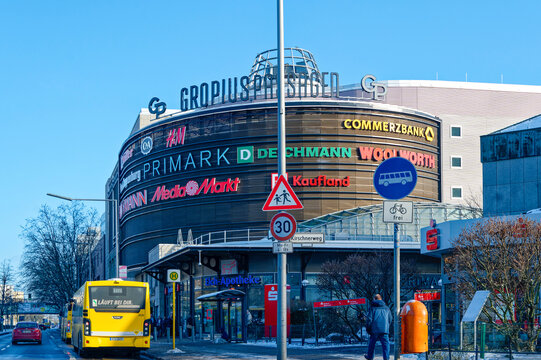 Berlin, Germany - January 19, 2024: Advertising space with different company names and logos on the facade of a shopping center in the south of Berlin.
