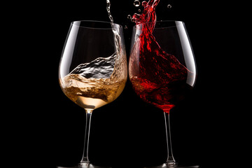 Drinks and beverages concept. Two transparent classic form and shape drinking glasses filled with white and red wine making cheers gesture on black background with copy space