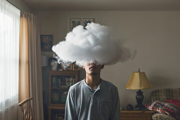 A surreal indoor portrait of a person with a cloud obscuring their head, suggesting a play on the concept of a 'head in the clouds' in a domestic setting. - 715601763