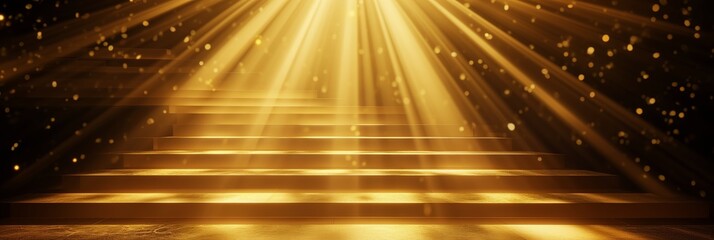 Abstract golden light rays scene with stairs - obrazy, fototapety, plakaty