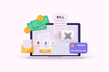 Payment concept. Invoice and electricity meter. Utility bills payment. Payment of utility, bank, restaurant and other. 3D Vector Illustrations.