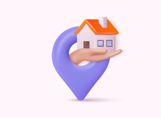 Location map pin with hand and house. Real estate concept.  Property insurance template. 3D Web Vector Illustrations.