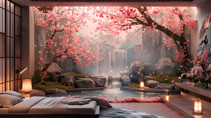  Immerse in the charm of a Japanese cherry blossom garden with a hyper-realistic mural in your bedroom.