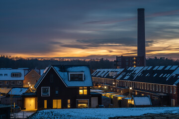 Enka neighbourhood in the city of Ede, Province Gelderland, by sunset. Modern residential area...