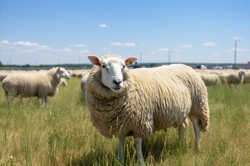 Sheep graze in the meadow in summer
