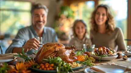 People looking camera together on Easter dinner joyful atmosphere celebration at home with family members grandparents, father, mother, and kids, Roasted Turkey, pasta and salad on dining table