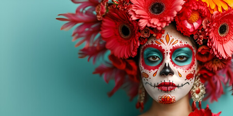 Mexican woman with day of the dead makeup, flowers and skull, mexico holiday, generative ai