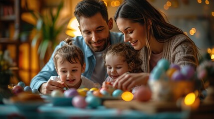 Obraz premium Happy family members enjoy talking and having dinner together on Easter celebrations at home. Hispanic father, mother, and kids spend Thanksgiving holiday lifestyle, Roasted Turkey on dining table