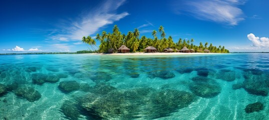 Tropical paradise stunning panoramic view of a beach with crystal clear waters and palm trees