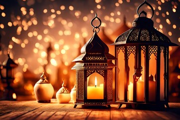 Mubarak and Ramadan Kareem, the holy month of Islam. Featuring an Arabic lantern and a burning candle illuminating the night. Muslims gathering for iftar under the soft glow of the lantern lamp. An 