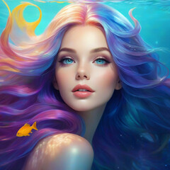 An enchanting silhouette of a mermaid.  Her vibrant hair creates a dynamic aquatic illusion.