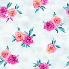 Watercolor flowers pattern, pink romantic roses, green leaves, gray background, seamless