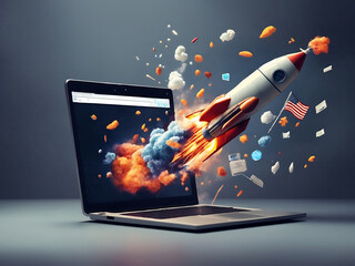 The laptop screen is bursting and the rocket is flying like social marketing by ai generated